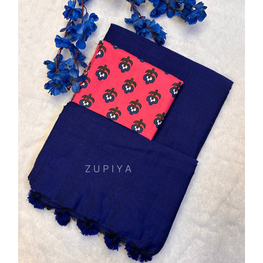 Navy Blue Plain Khadi with Pink Cotton Blouse