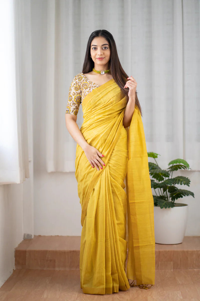 Yellow Traditional Looking Chanderi Cotton Saree