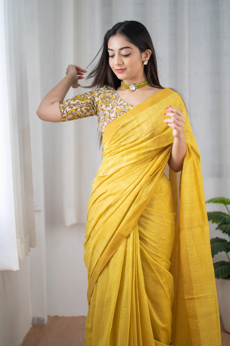 Yellow Traditional Looking Chanderi Cotton Saree