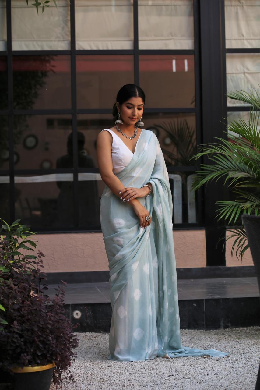 Ice Blue Colored Bandhni Saree