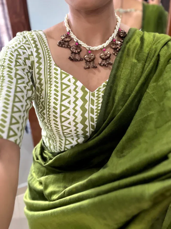 Mehndi Khadi Saree & designer Blouse