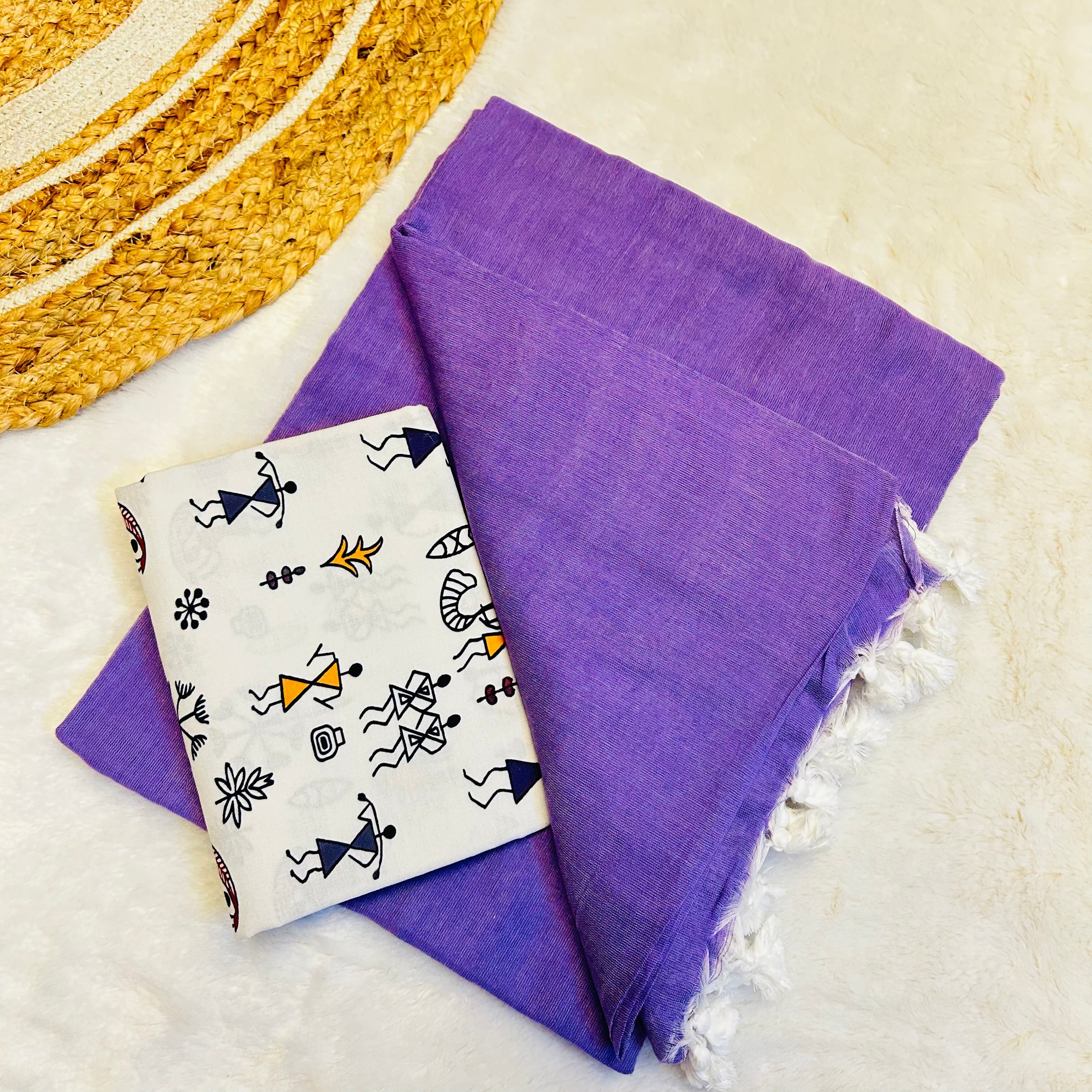 PURPLE HANDLOOM COTTON SAREE WITH PRINTED BLOUSE