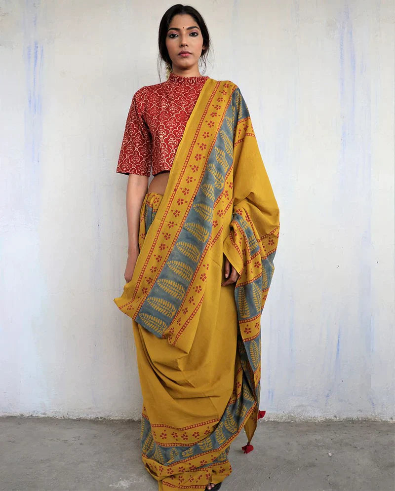 MUSTARD BLOCK PRINTED COTTON MUL SAREE