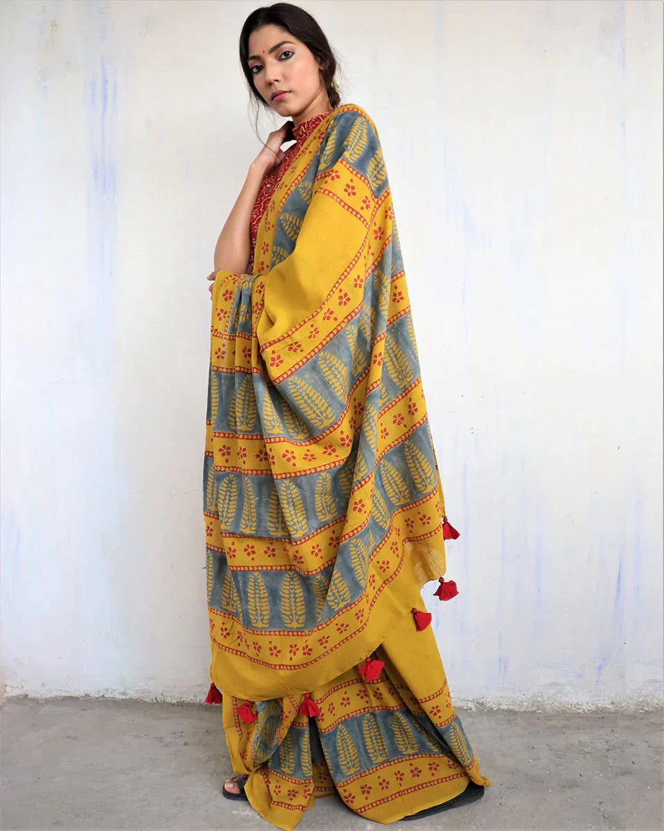 MUSTARD BLOCK PRINTED COTTON MUL SAREE