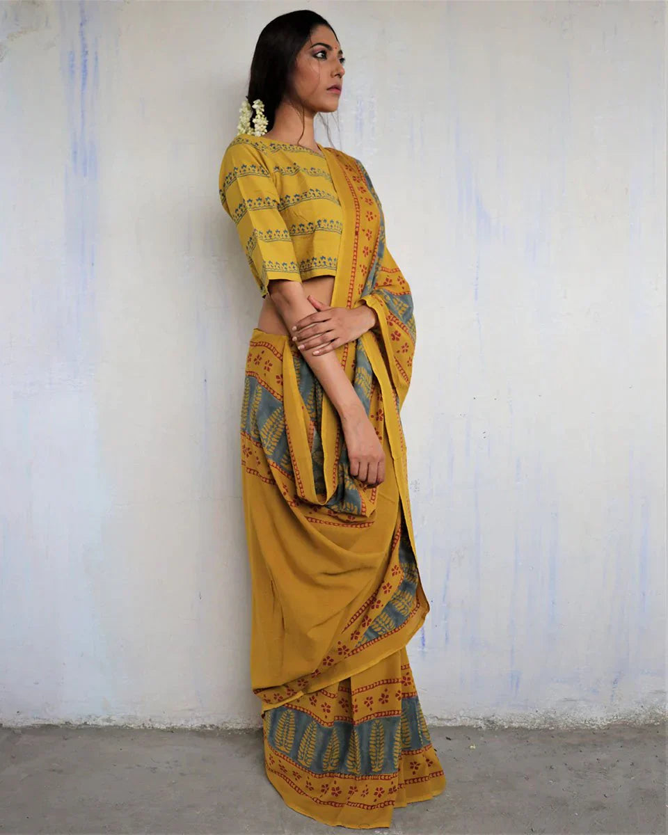 MUSTARD BLOCK PRINTED COTTON MUL SAREE