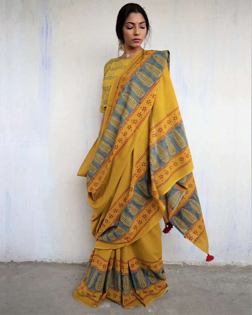 MUSTARD BLOCK PRINTED COTTON MUL SAREE