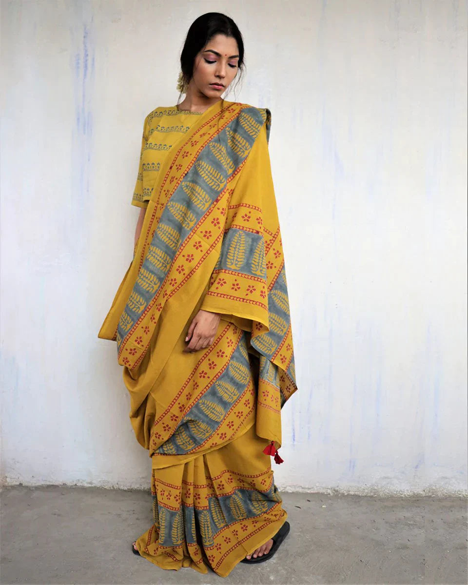 MUSTARD BLOCK PRINTED COTTON MUL SAREE