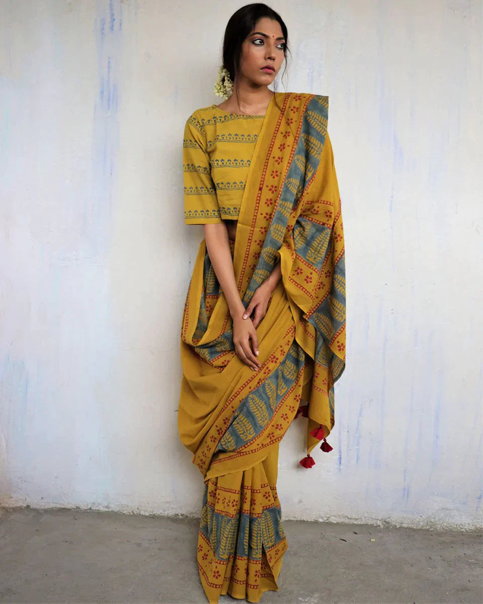 MUSTARD BLOCK PRINTED COTTON MUL SAREE