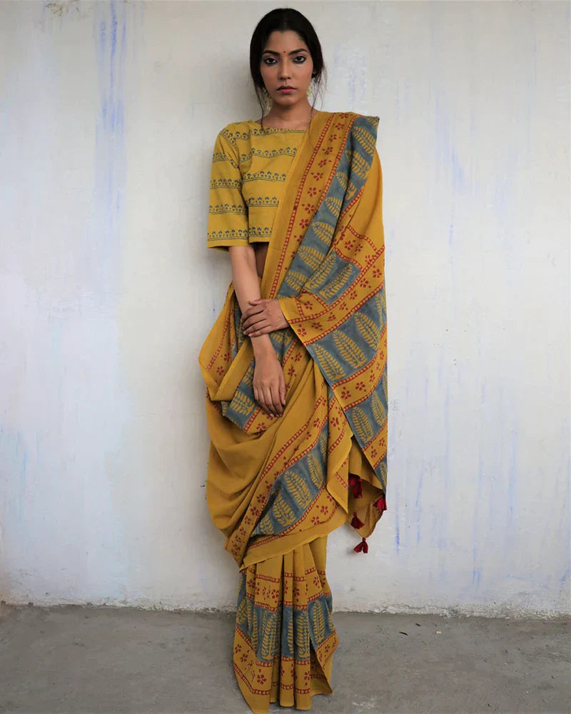 MUSTARD BLOCK PRINTED COTTON MUL SAREE