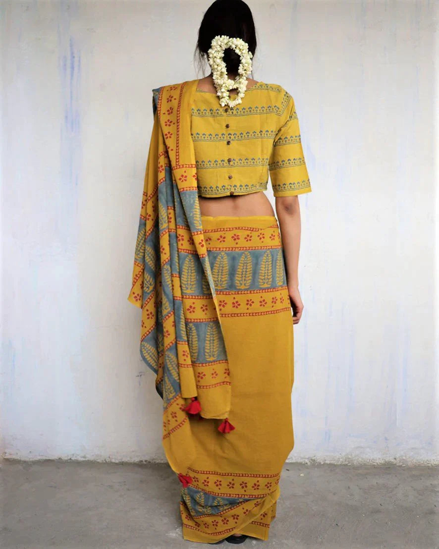 MUSTARD BLOCK PRINTED COTTON MUL SAREE