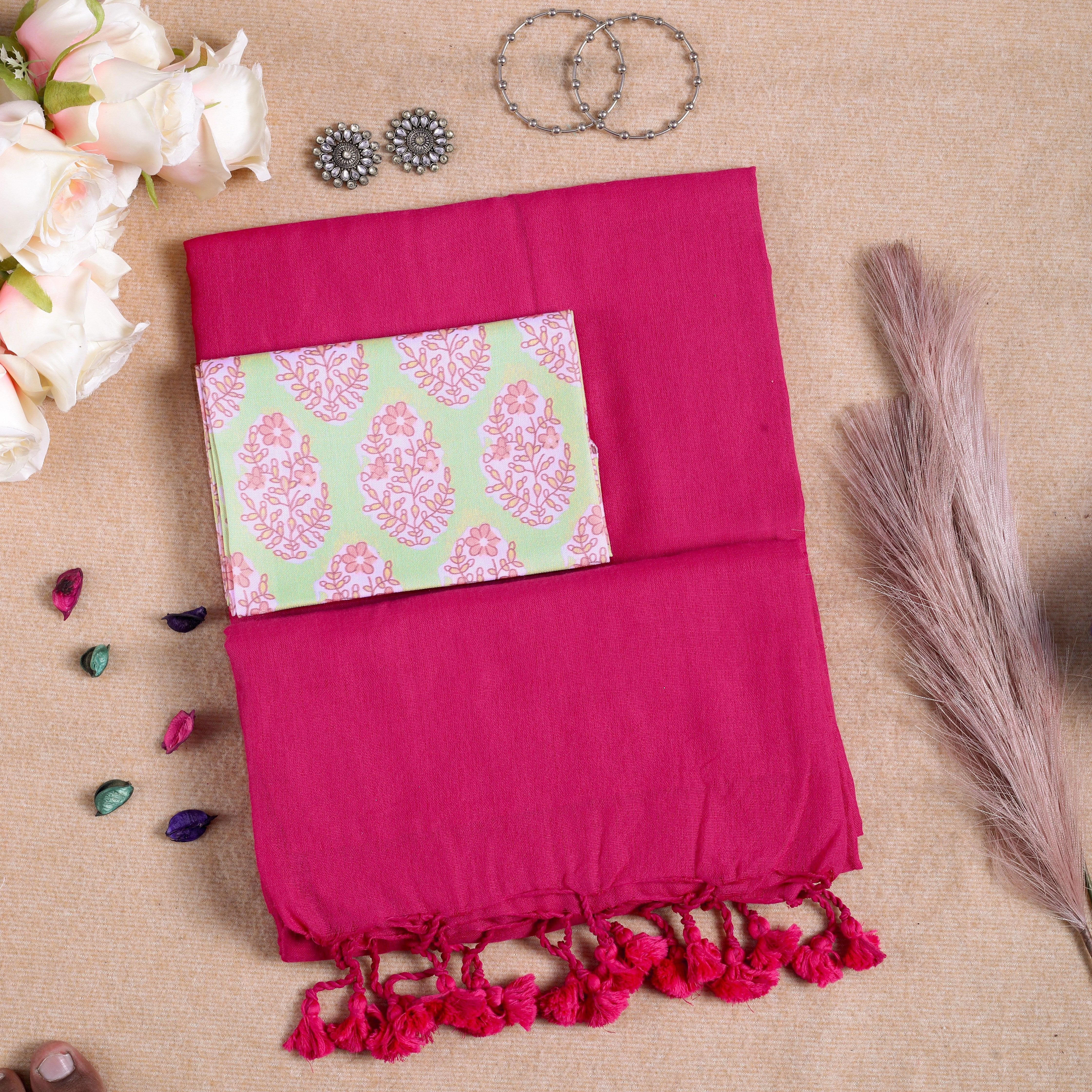 PINK HANDLOOM COTTON SAREE WITH PRINTED BLOUSE