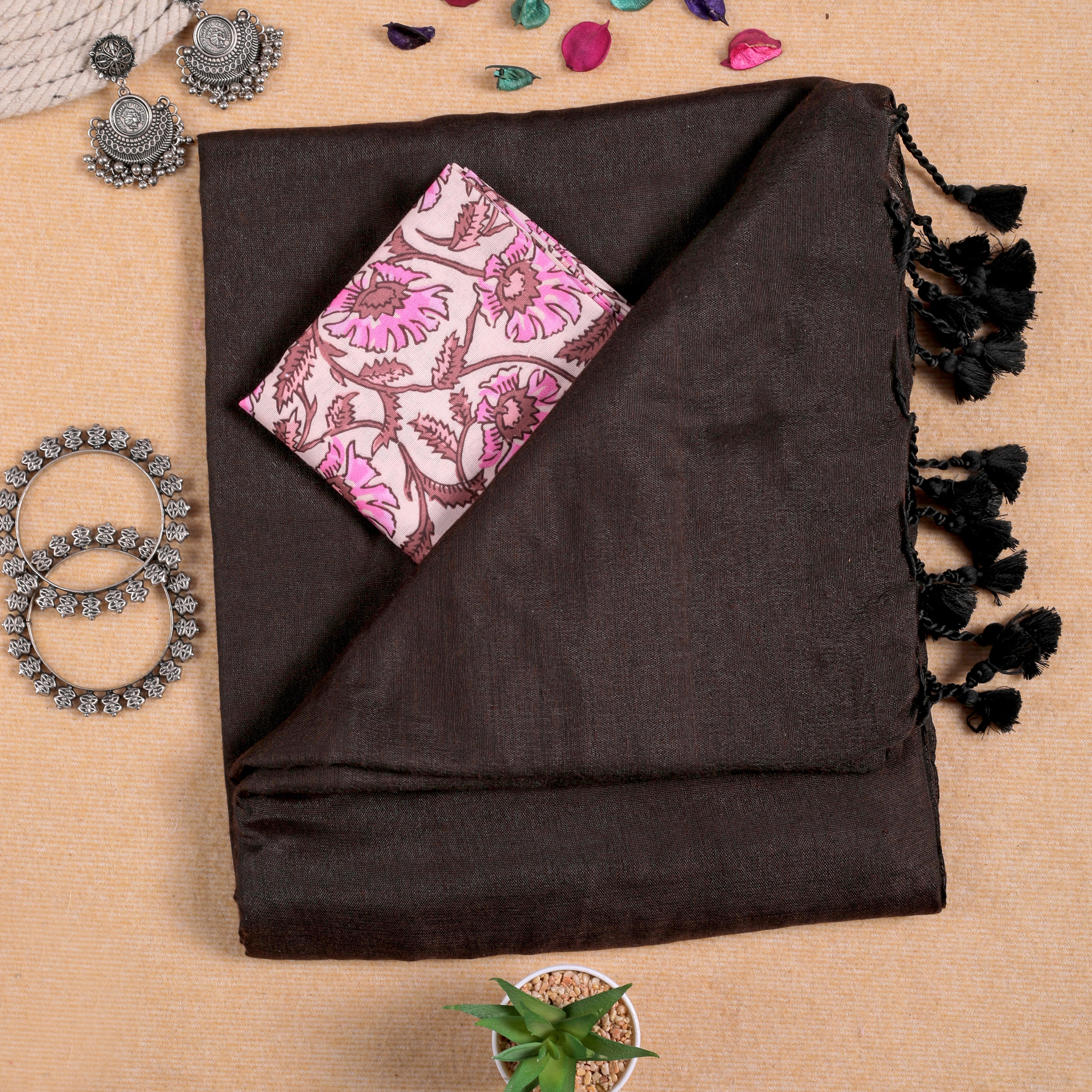 COFFEE HANDLOOM COTTON SAREE WITH PRINTED BLOUSE