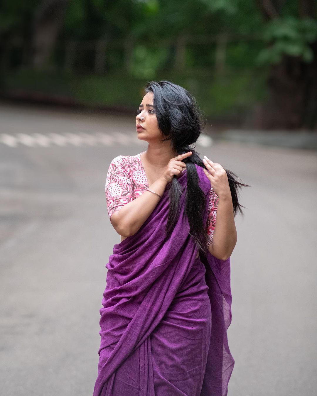 Purple colour traditional looking chanderi cotton saree