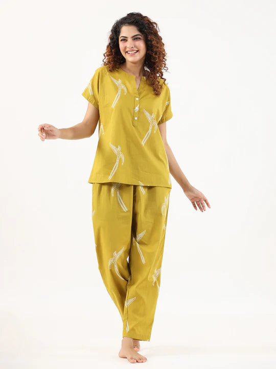 MUSTARD AND WHITE CONVERSATIONAL EAGLE PRINTED CO-ORD SET