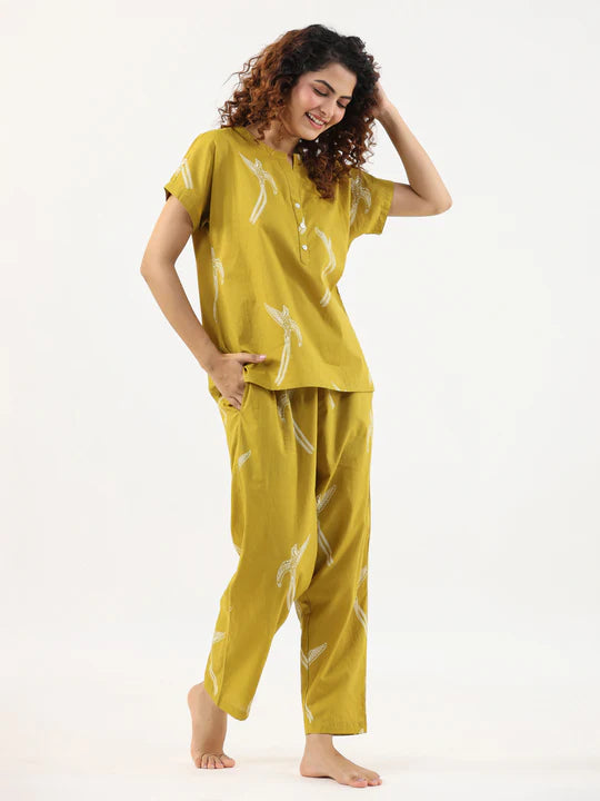 MUSTARD AND WHITE CONVERSATIONAL EAGLE PRINTED CO-ORD SET