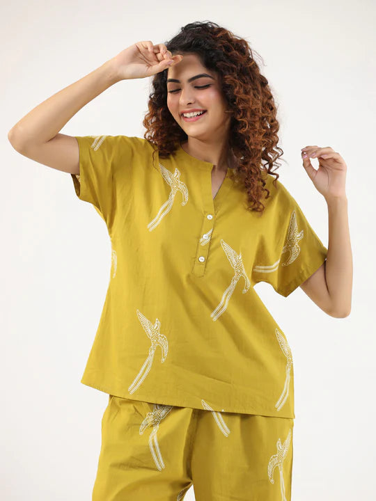 MUSTARD AND WHITE CONVERSATIONAL EAGLE PRINTED CO-ORD SET