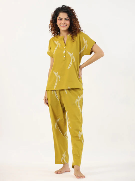 MUSTARD AND WHITE CONVERSATIONAL EAGLE PRINTED CO-ORD SET