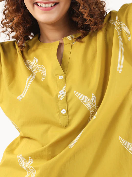 MUSTARD AND WHITE CONVERSATIONAL EAGLE PRINTED CO-ORD SET