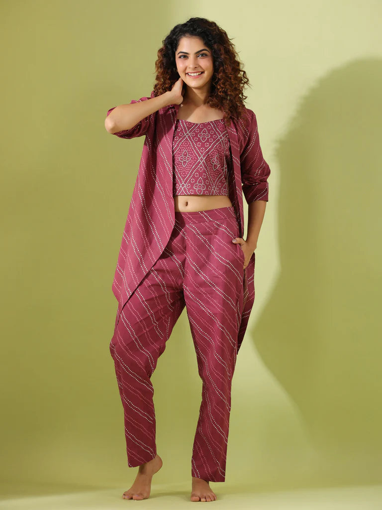 MYSTIC MAROON BHANDEJ COTTON 3 PEICE CO-ORD SET