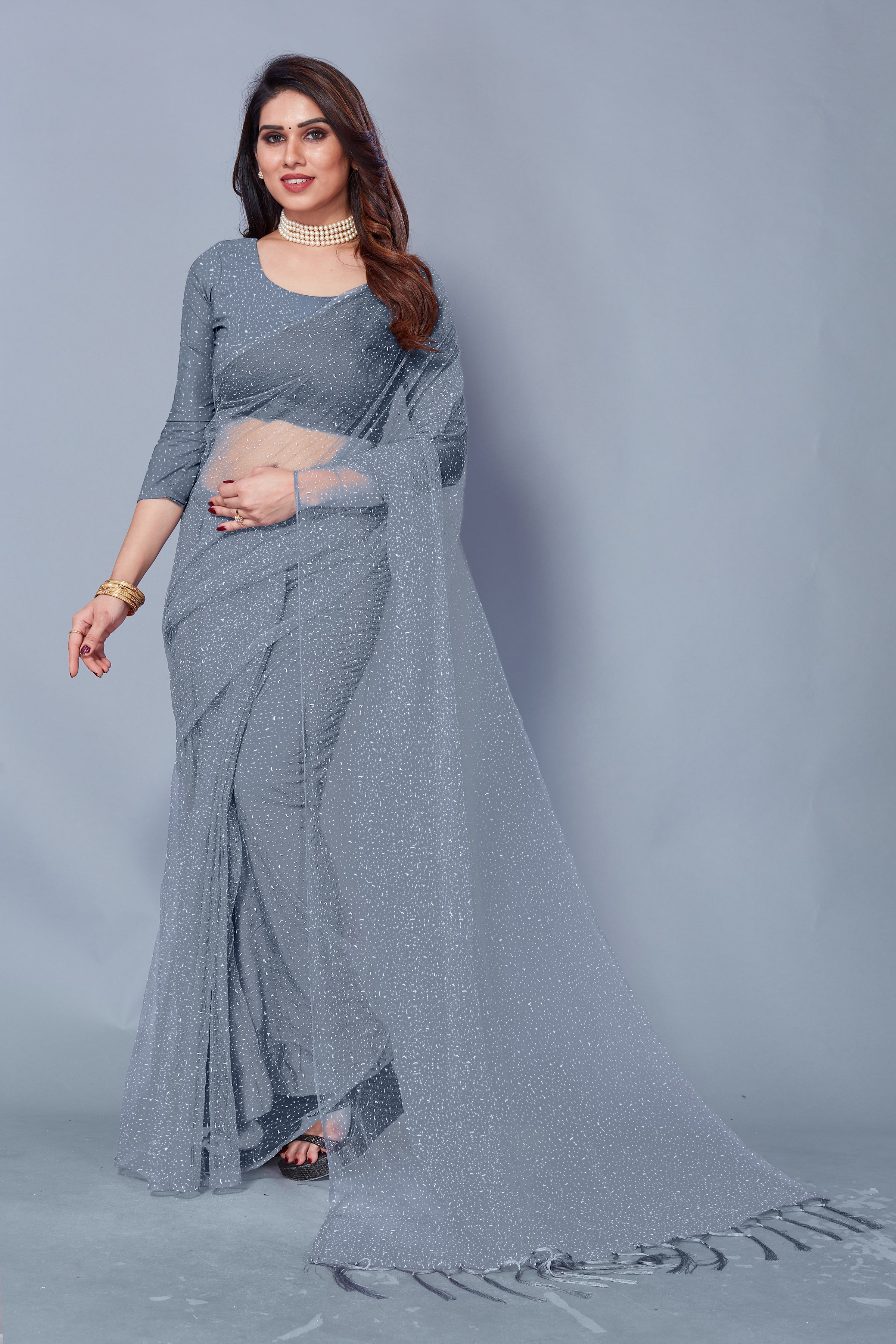 New collection Partywear Festival wear latest Sari in Grey Color