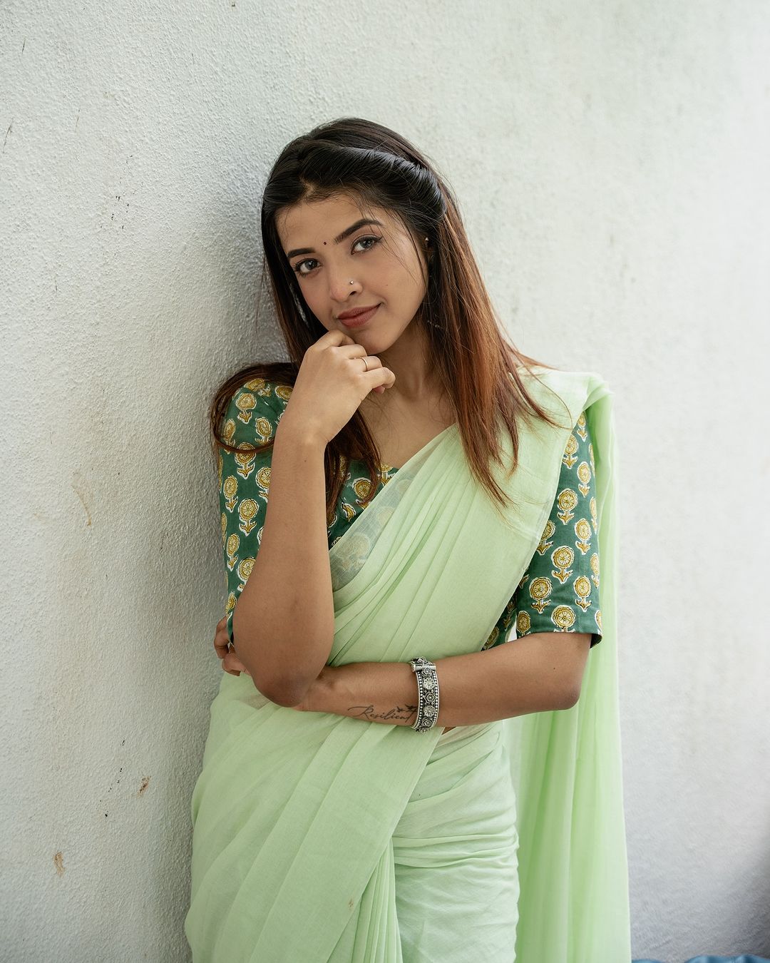 Fern Green Cotton Saree with Printed Blouse