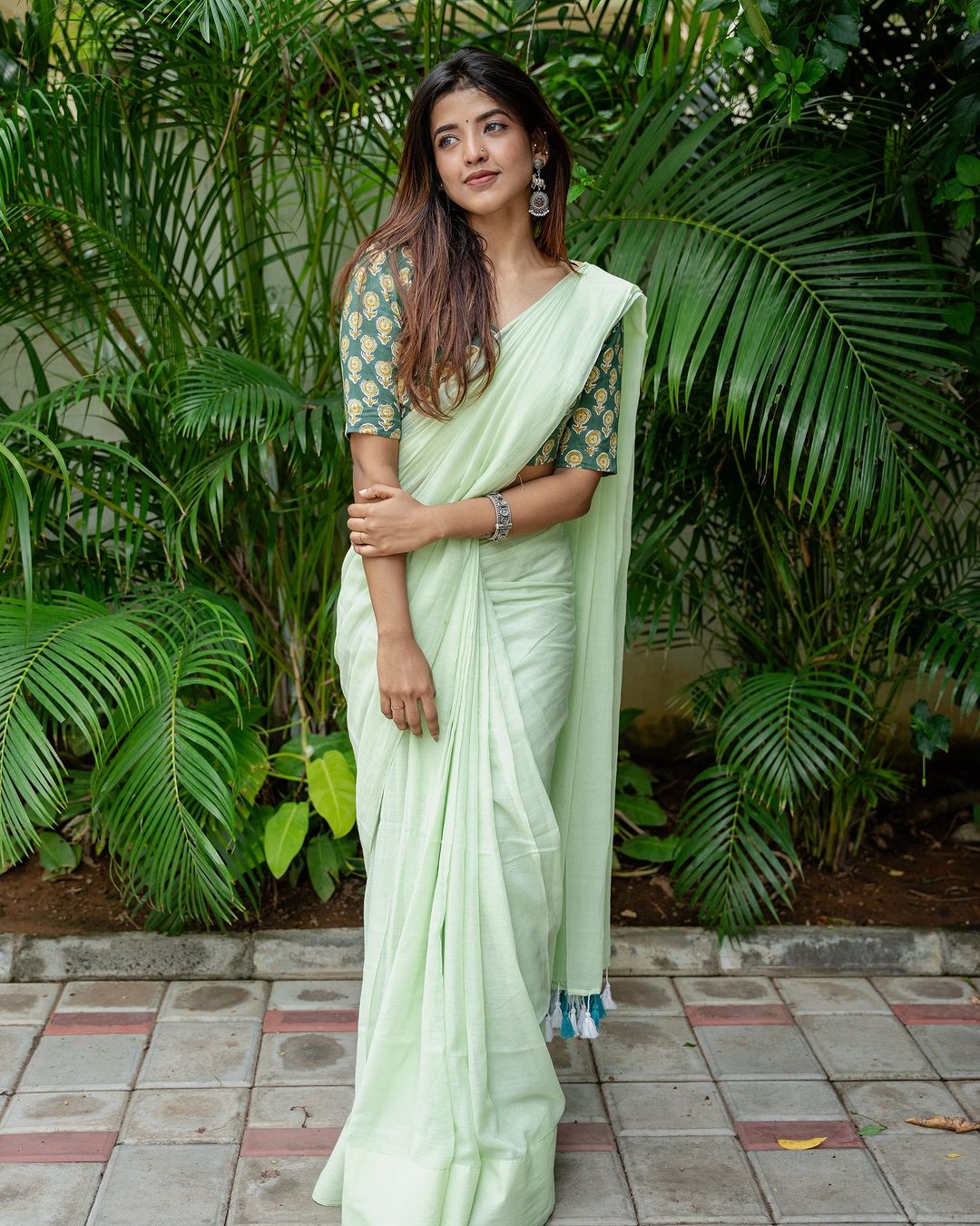 Fern Green Cotton Saree with Printed Blouse