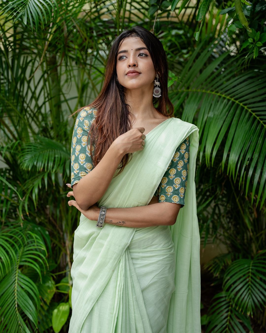 Fern Green Cotton Saree with Printed Blouse