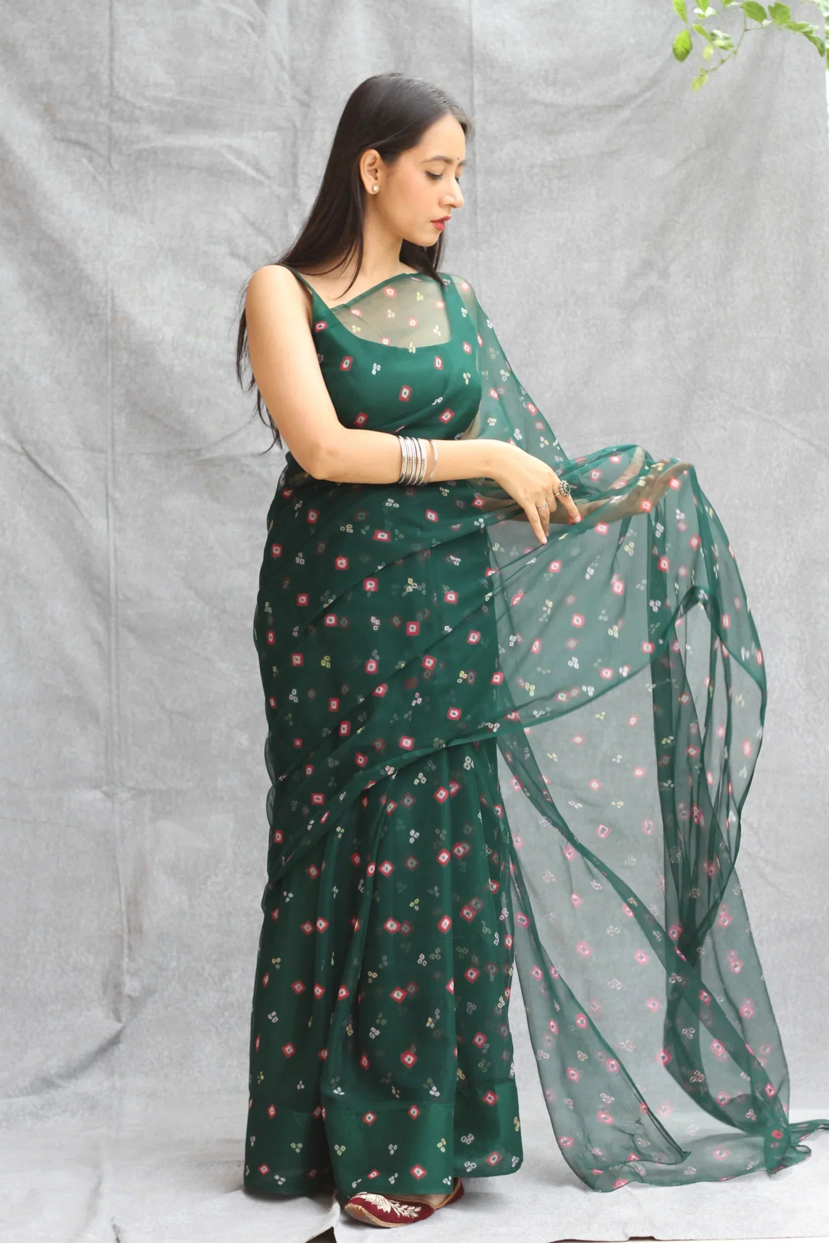 Dark Green Georgette Bandhani Saree