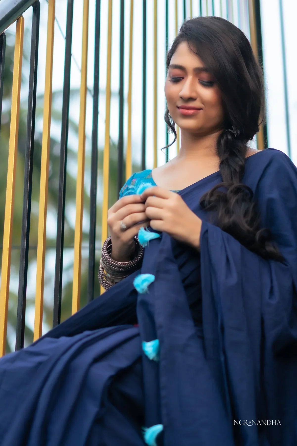 NAVY BLUE COLOUR TRADITIONAL LOOKING CHANDERI COTTON SAREE