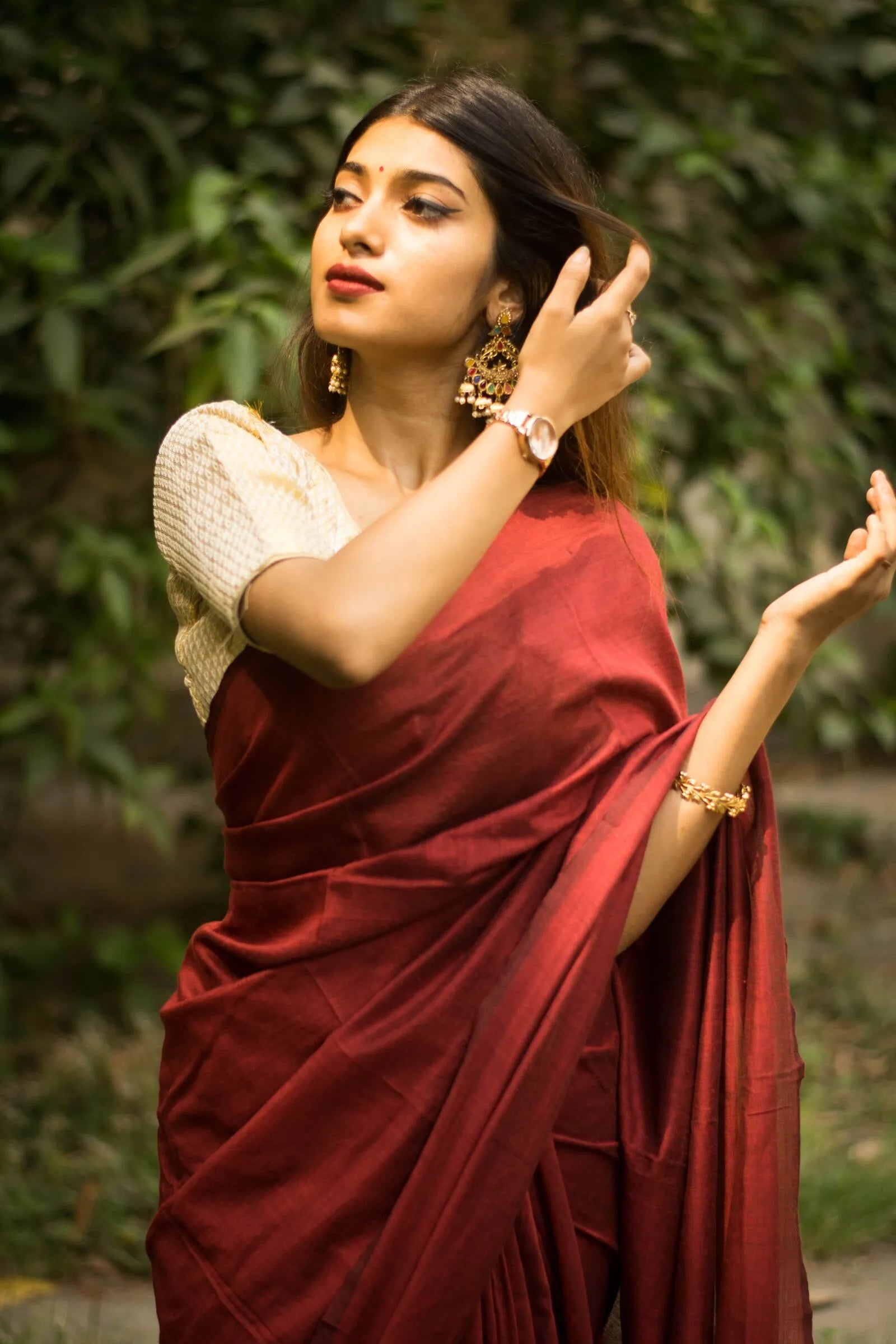 Red colour traditional looking chanderi cotton saree