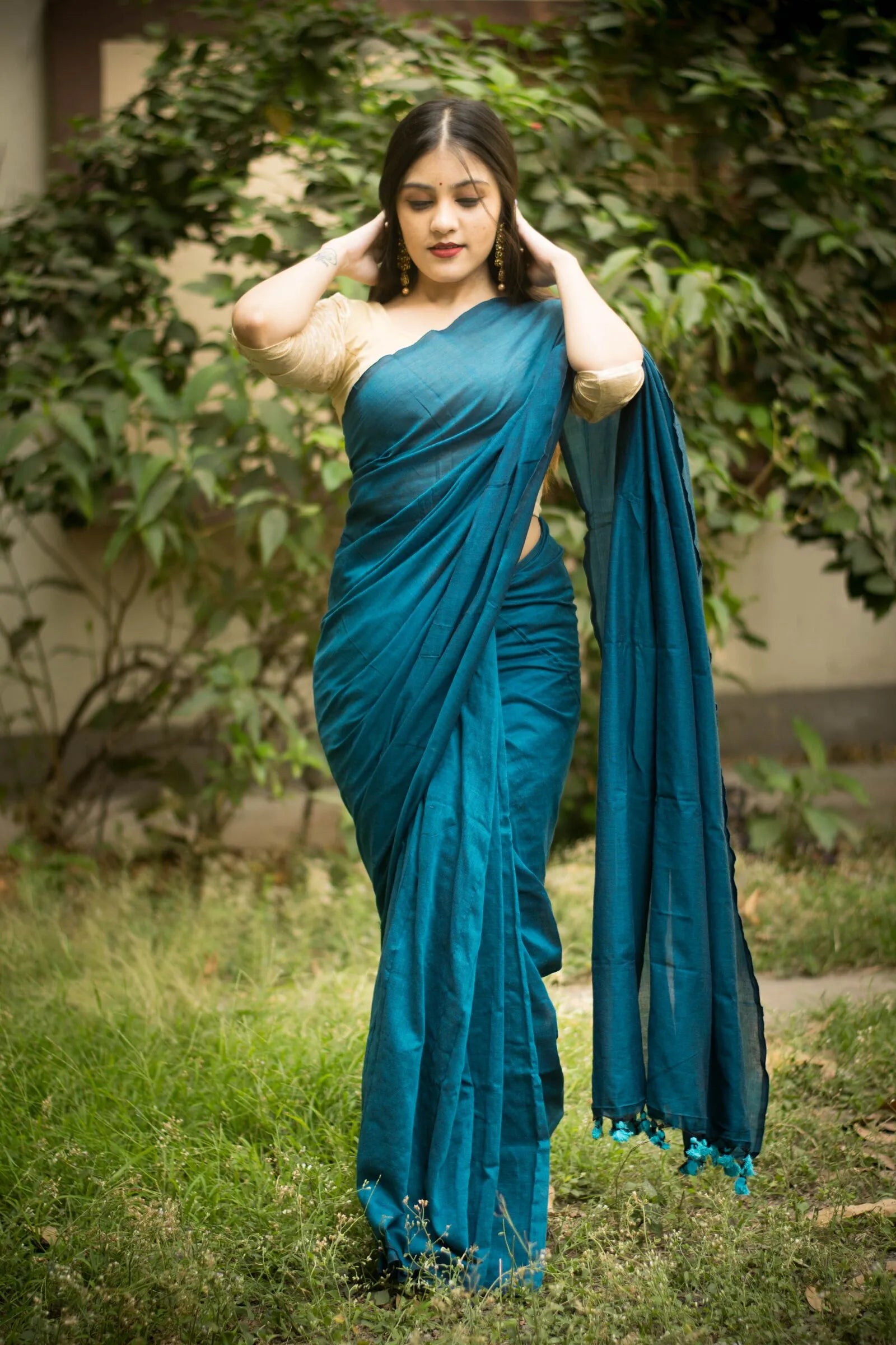 Sky colour traditional looking chanderi cotton saree