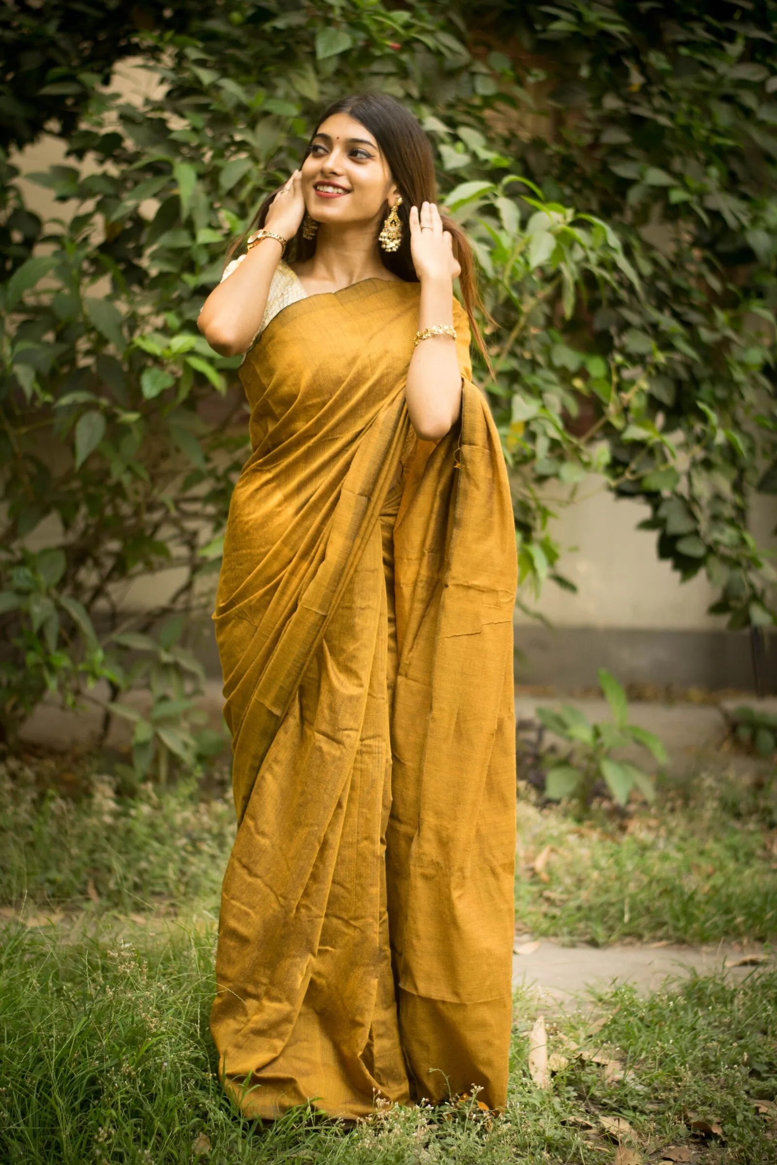 Mustard colour traditional looking Chanderi cotton saree