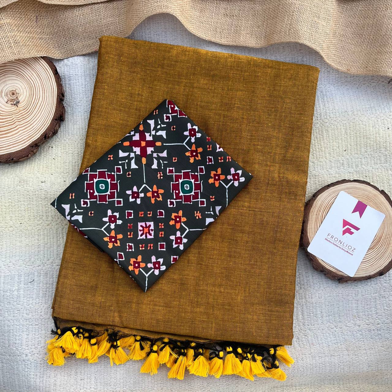mustered colour traditional looking chanderi cotton saree