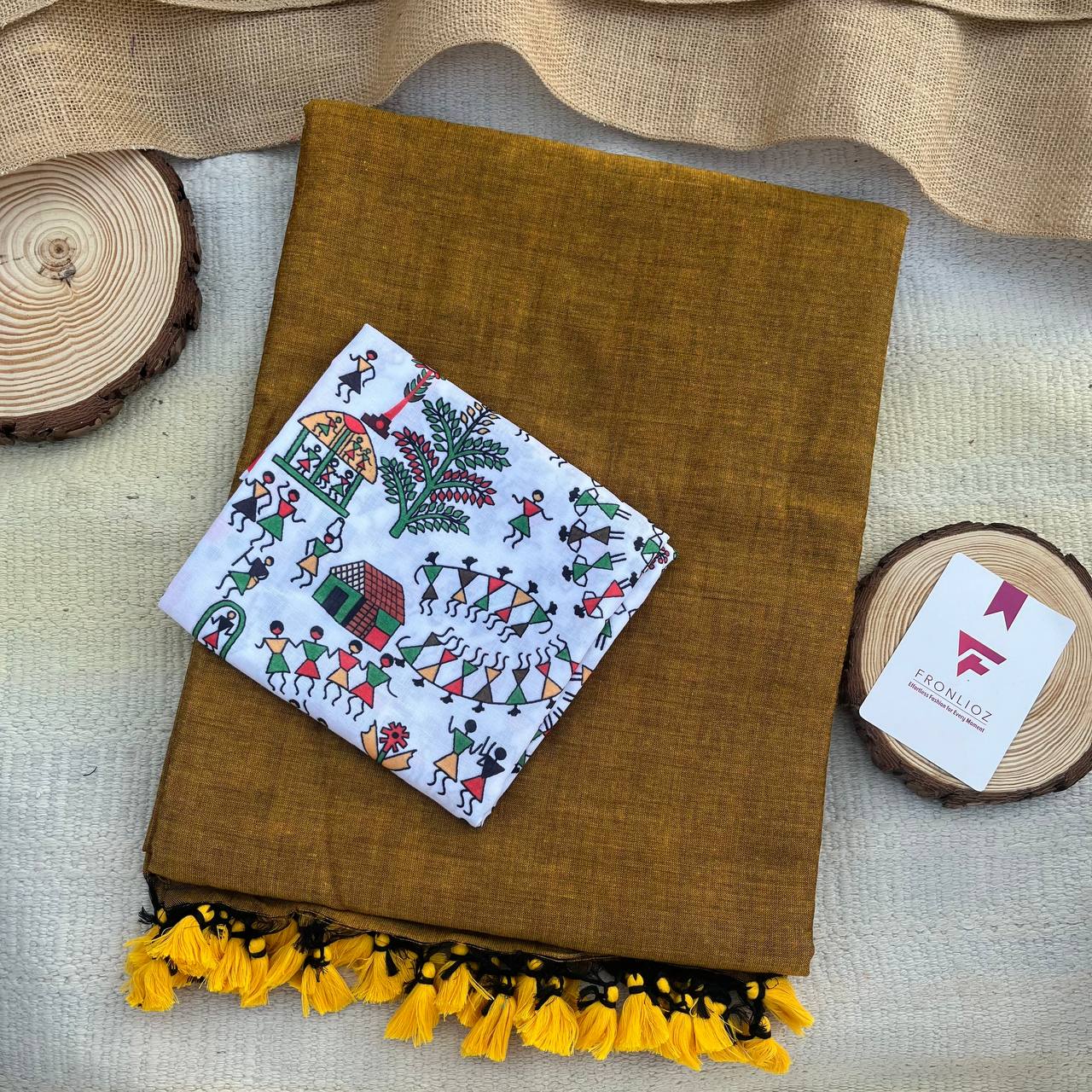 mustered colour traditional looking chanderi cotton saree