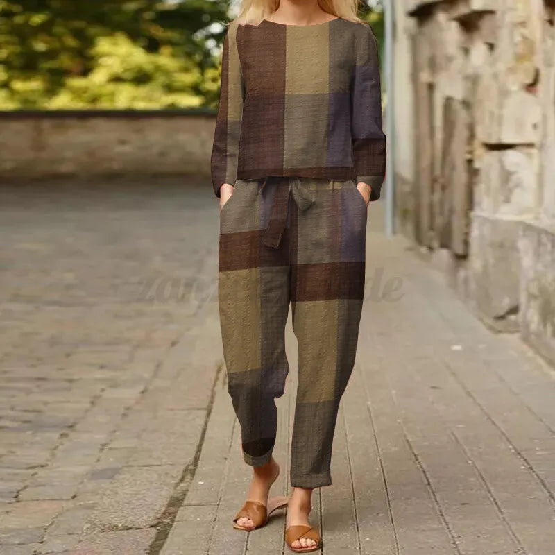 WOMEN COTTON CHECK CROP TOP & TROUSERS CO-ORDER SET