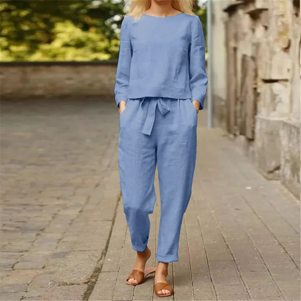 WOMEN COTTON PLAIN CROP TOP & TROUSERS CO-ORDER SET