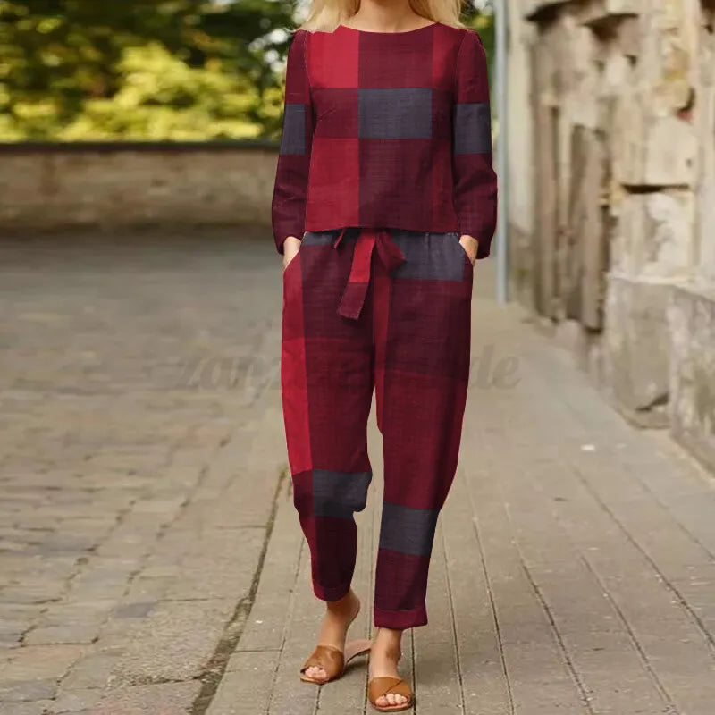 WOMEN COTTON CHECK CROP TOP & TROUSERS CO-ORDER SET