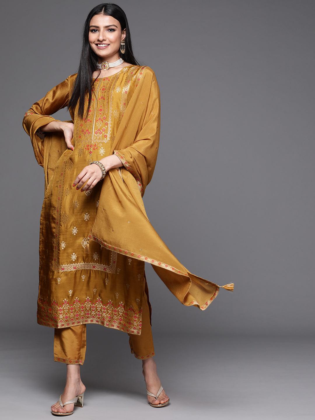 Mustard Self Design Silk Straight Kurta With Dupatta