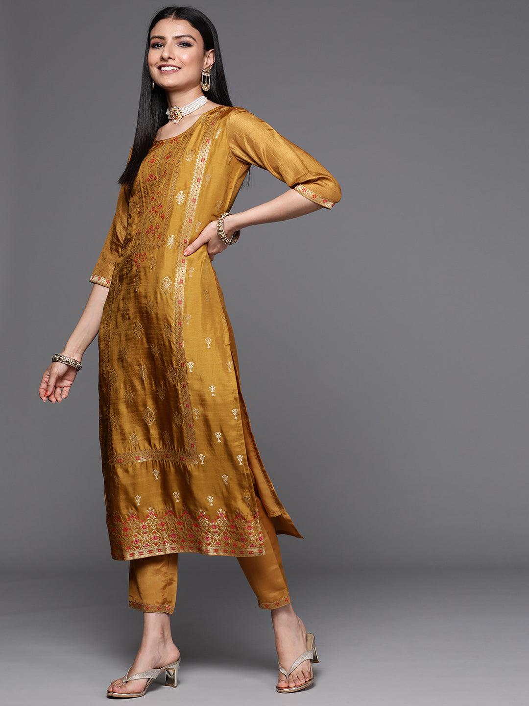 Mustard Self Design Silk Straight Kurta With Dupatta