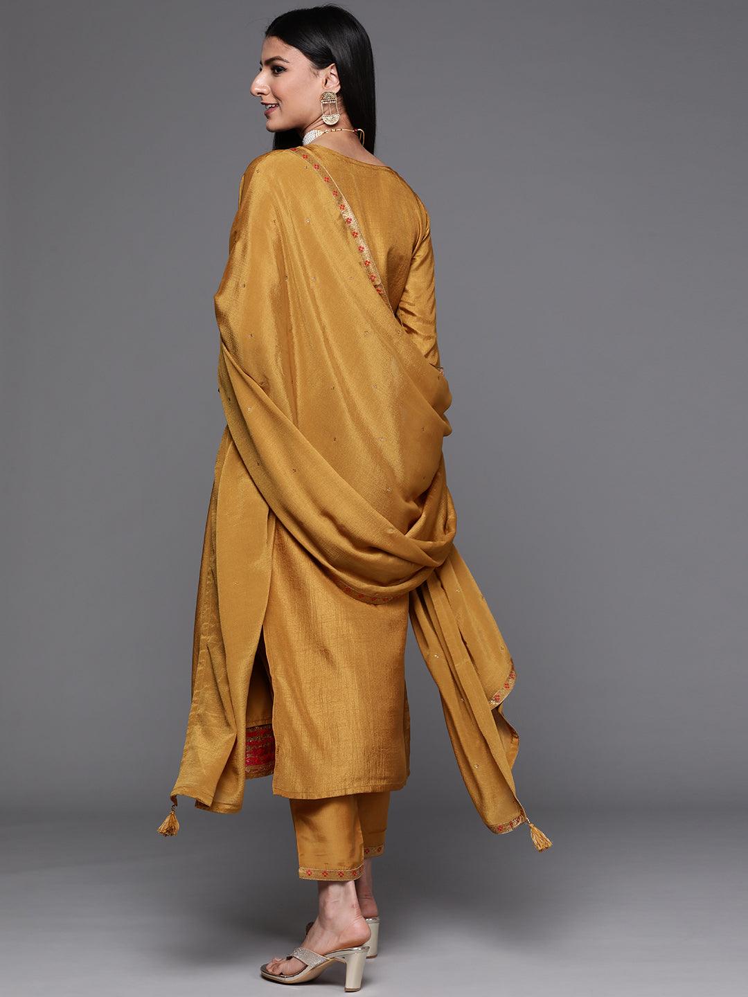 Mustard Self Design Silk Straight Kurta With Dupatta