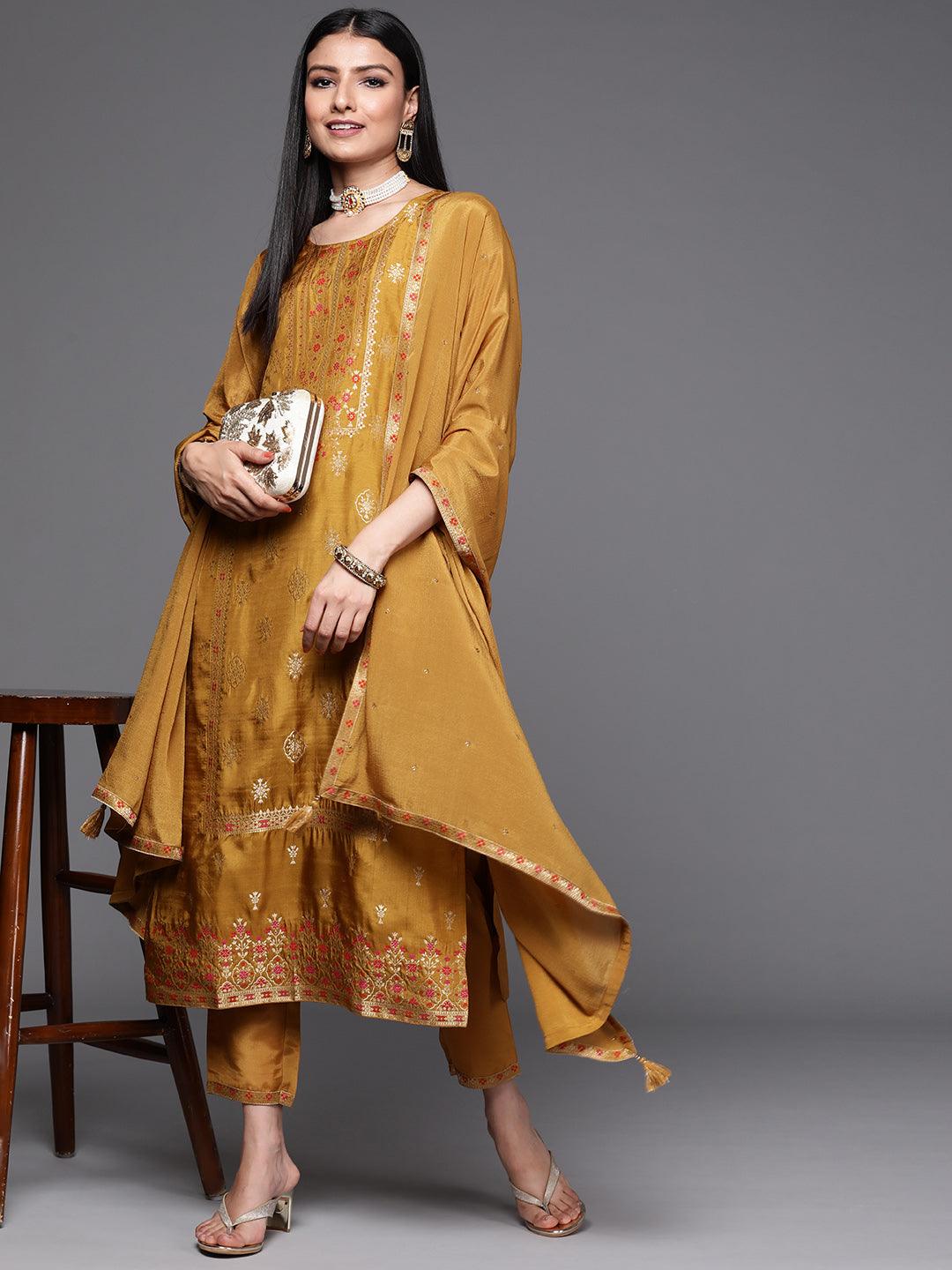 Mustard Self Design Silk Straight Kurta With Dupatta