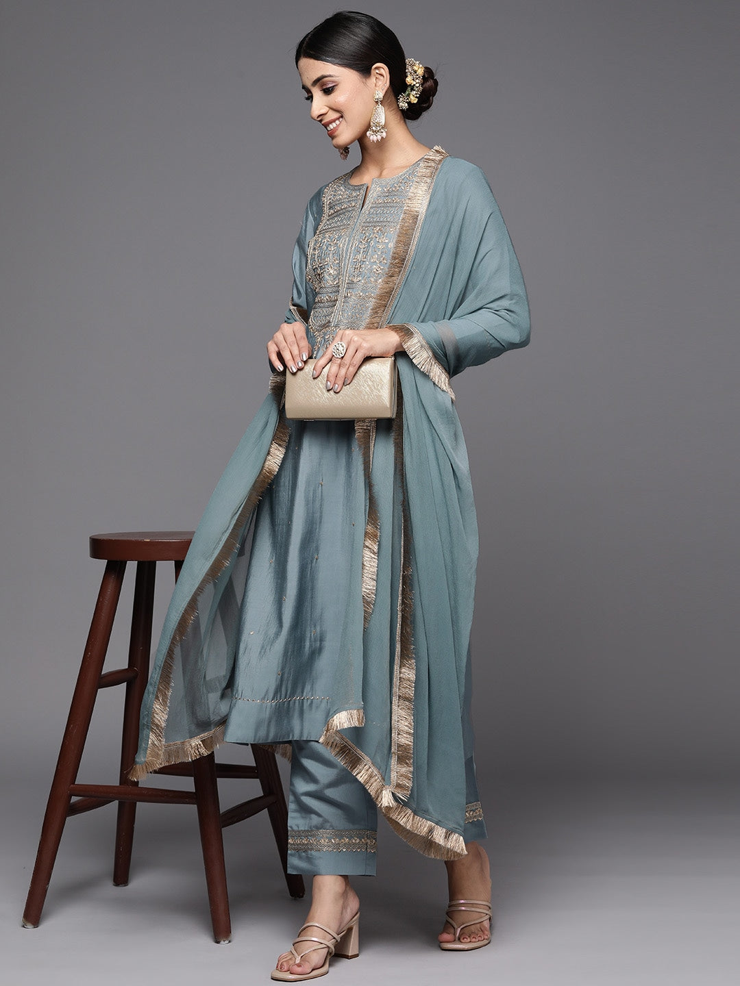 Embroidered Straight Kurta Set with Dupatta