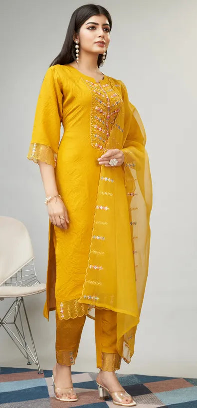 Yellow Woven Design Silk Blend Straight Kurta