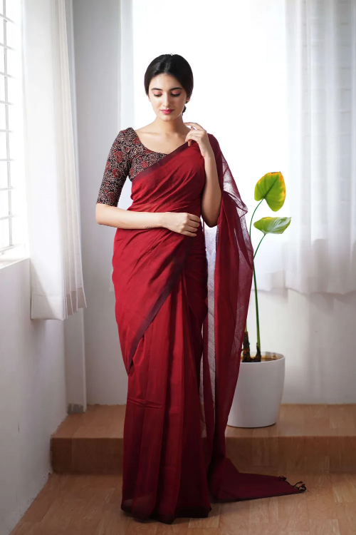 surpassing maroon color traditional looking chanderi cotton saree