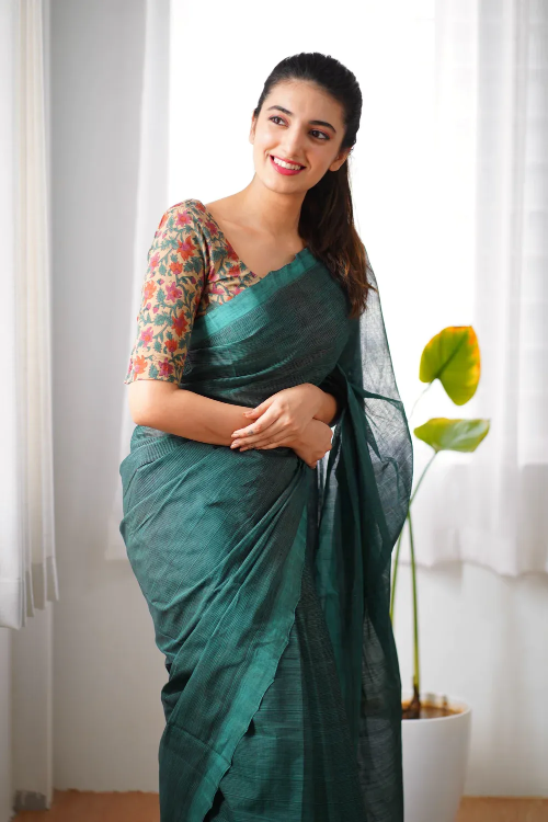 dazzling rama colour traditional looking chanderi cotton saree