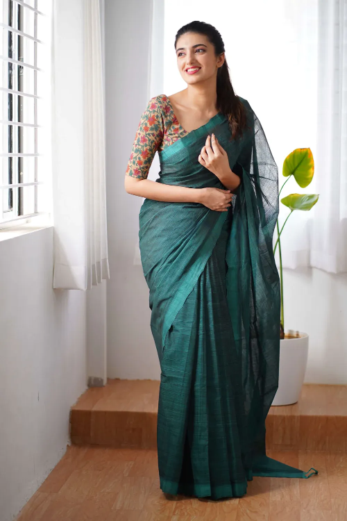 dazzling rama colour traditional looking chanderi cotton saree