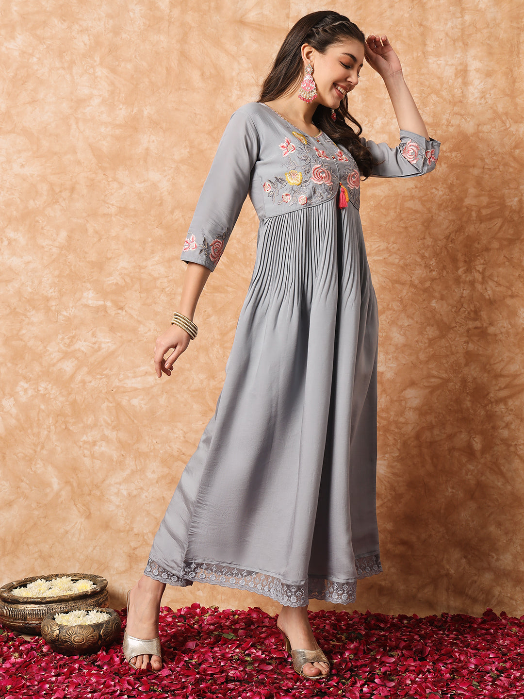 FLORAL YOKE DESIGN EMPIRE THREAD WORK KURTA WITH TROUSERS & DUPATTA