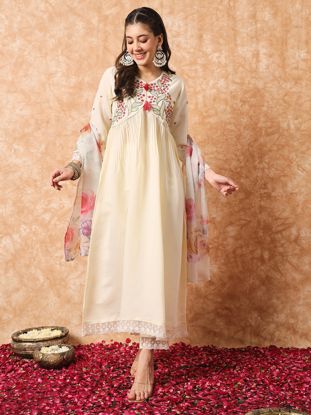 FLORAL YOKE DESIGN EMPIRE THREAD WORK KURTA WITH TROUSERS & DUPATTA