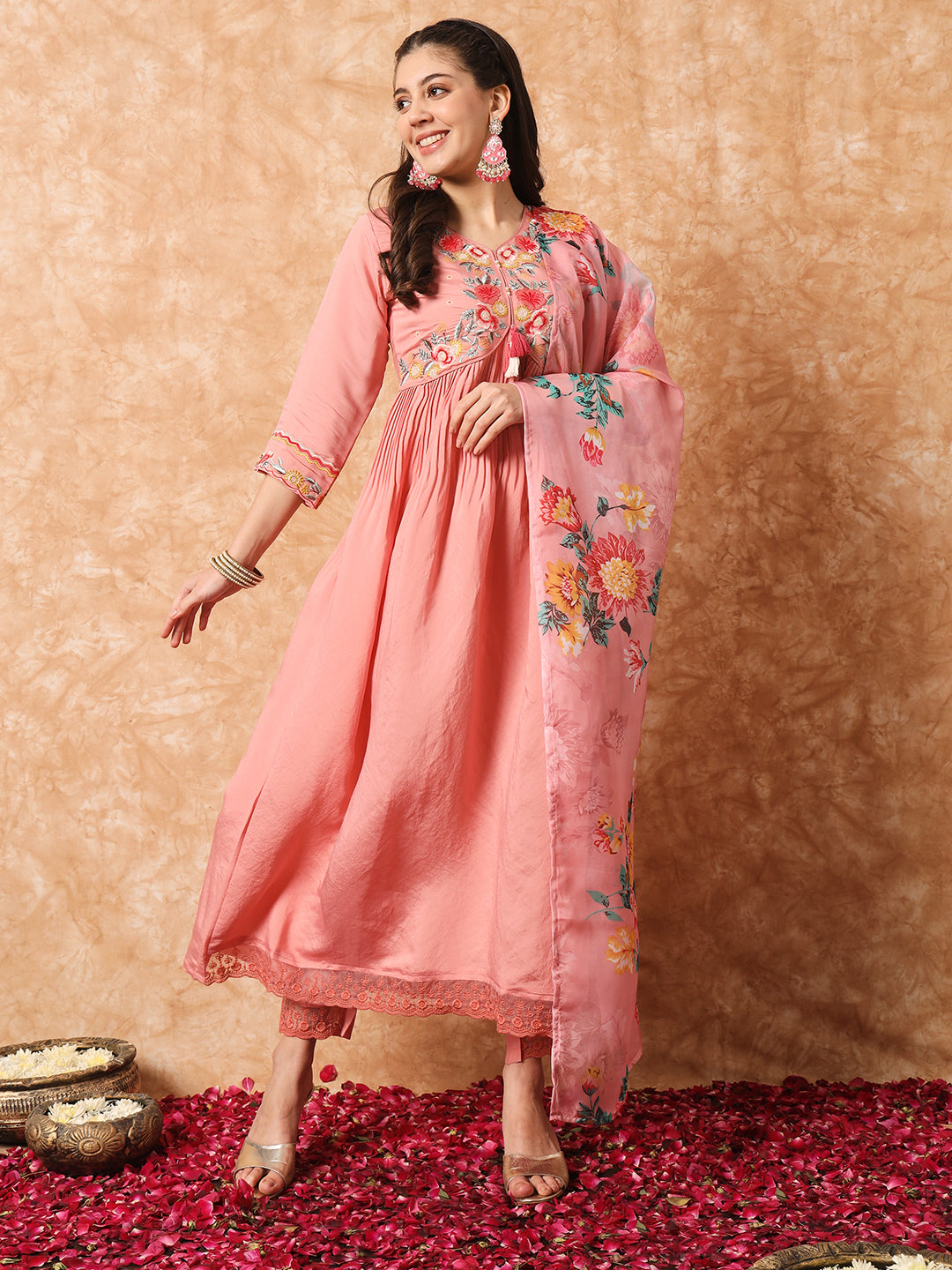 FLORAL YOKE DESIGN EMPIRE THREAD WORK KURTA WITH TROUSERS & DUPATTA