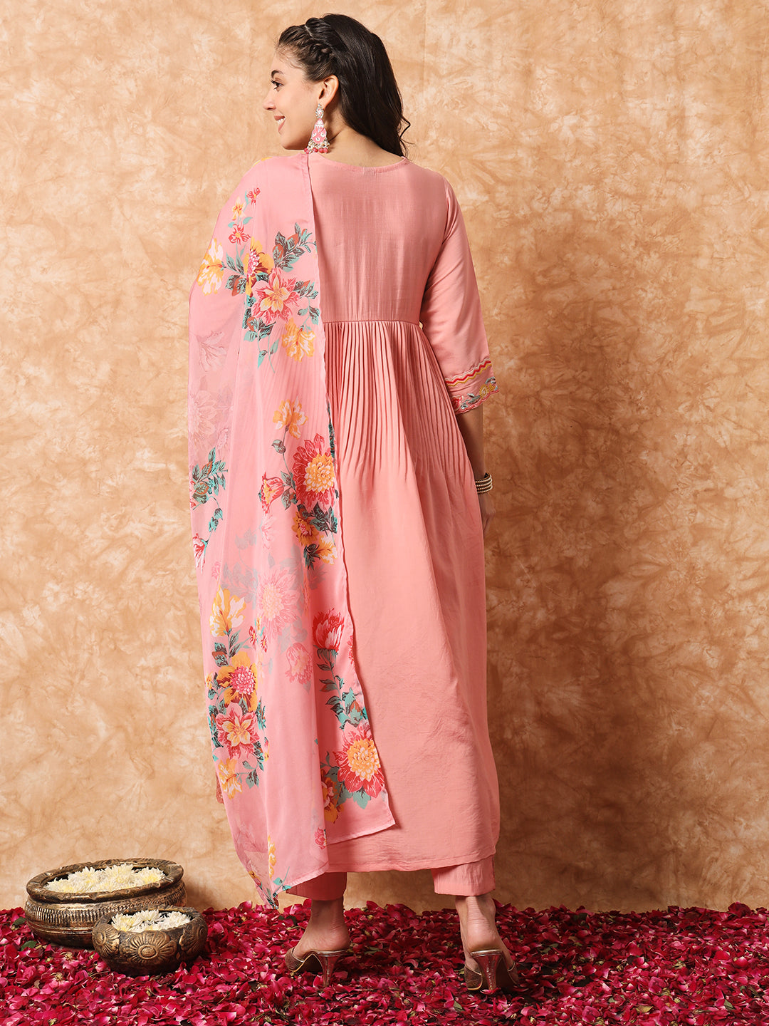 FLORAL YOKE DESIGN EMPIRE THREAD WORK KURTA WITH TROUSERS & DUPATTA